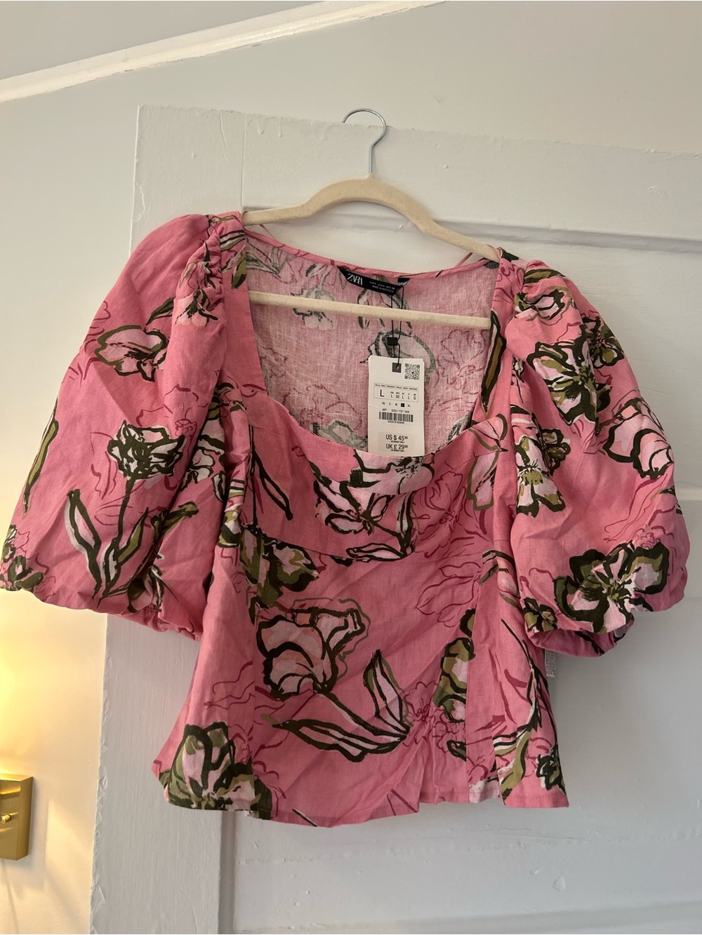 Zara Pink Floral Puff-Sleeve Square-Neck Blouse
